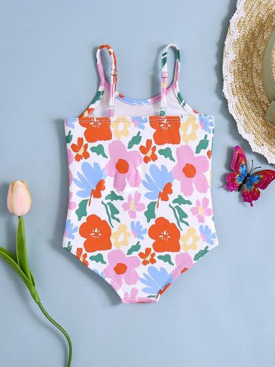 SHEIN Baby Girl's Casual Floral Printed Halter One-Piece Swimsuit For Summer Vacation