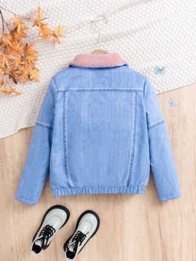 Teen Girls' Fleece Lined Denim Jacket With Button Front And Printed Pattern