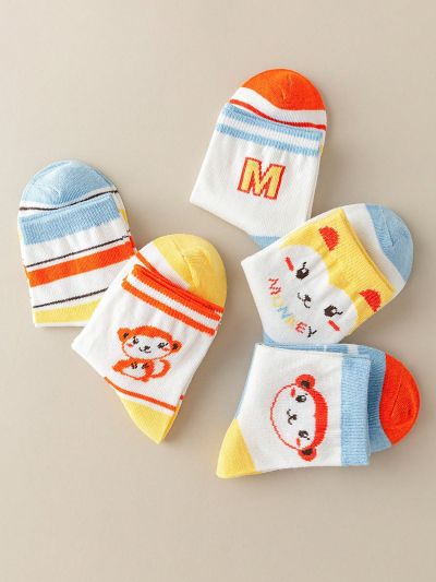 5pairs Girls' Cartoon Monkey Mid-calf Socks, Suitable For Daily Wear In All Seasons