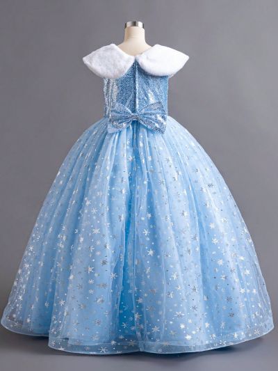 Tween Girls' Sparkly Mesh Fuzzy Waterfall Collar Dress With Rhinestone Embellishment