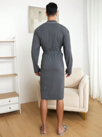 Men's Belted Robe With Double Pockets And Contrast Trimmed V-neck