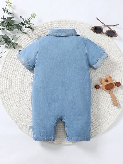 Adorable Baby Boy Denim Jumpsuit With Patch Pockets, Casual Style