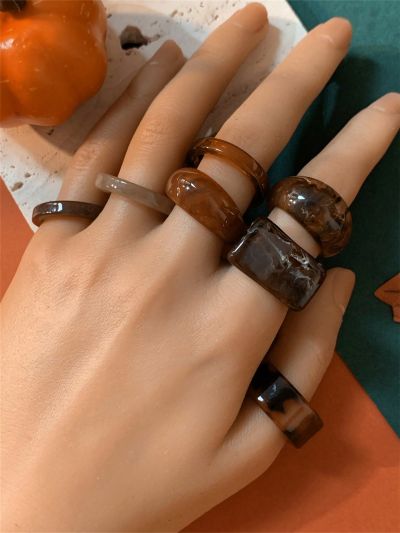 7-piece Set Of Thick Transparent Resin Rings With Personalized Matching Halo-dye Pattern And Irregular-shaped Rings (hand-made Halo-dye Process, Ring Patterns Are Different, And There Is Color Difference)
