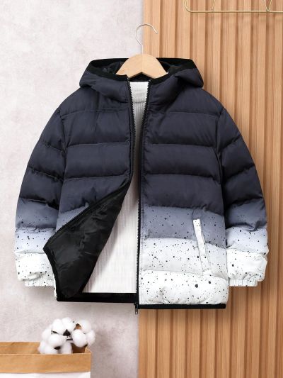 SHEIN Kids EVRYDAY Boys' Thick Hooded Padded Coat With Gradient Color Design, Casual Style