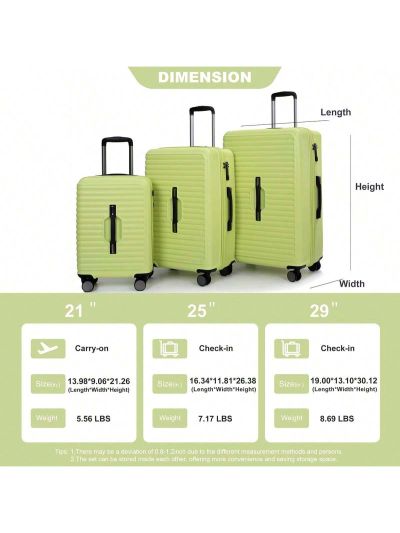3 Piece Luggage Sets,PC+ABS Lightweight Suitcase with Two Hooks, Spinner Wheels, TSA Lock-21/25/29IN