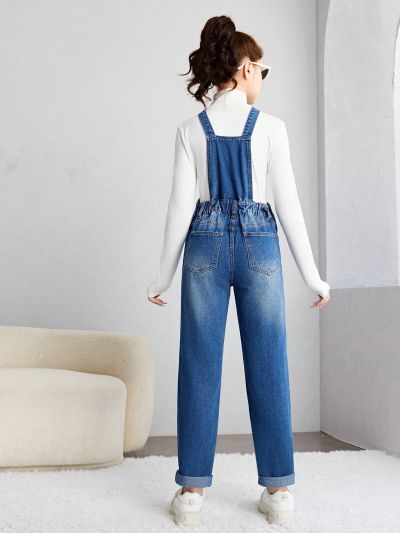 SHEIN Teen Girl Slant Pocket Denim Overalls Without Tee