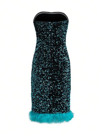 Patchwork & Sequin Decor Women's Evening Party Dress With Spaghetti Straps