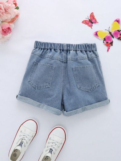 Little Girls' Basic, Cute And Comfortable Elastic Waistband Denim Shorts, With Pink Heart Embroidery