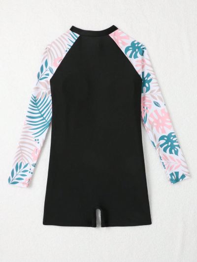 Teenage Girls' Long Sleeve One-Piece Swimsuit With Plant Print