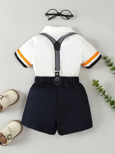 Baby Boys' Gentleman Short Sleeve Bow Tie Shirt + Suspenders Shorts Set