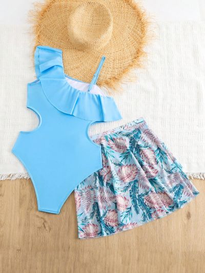 Teen Girl's Asymmetrical Off-Shoulder Swimsuit With Ruffle Trim And Tropical Plant Printed Skirt