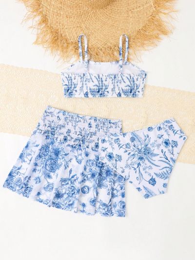 Flower Printed Bikini Swimsuit Set (Three Pieces) For Tween Girl