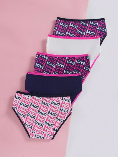 5pcs/set Girls' Heart Print & Colorblock Trimmed Triangle Panties