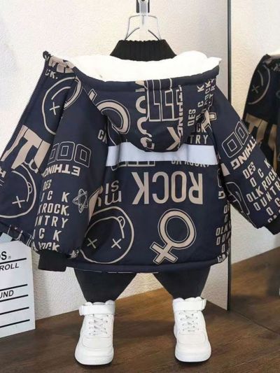 Young Boys' Cartoon Letter Print Fleece Hooded Jacket