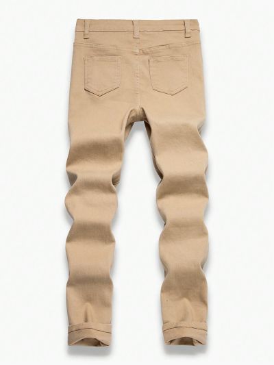 SHEIN Tween Boy Fashionable High Stretch Slim Fit Ripped Jeans, Cute Bear & Letter Print, Water Washed