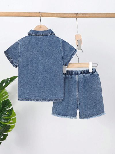 Young Boy's Casual Coconut Tree And Letter Pattern Shirt And Ripped Denim Shorts Two-Piece Set