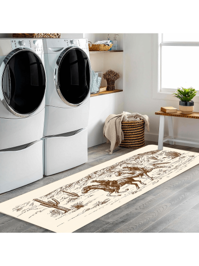 1pc Flannel Laundry Room Carpet, Western Cowboy Print Corridor Anti-slip & Anti-stain Floor Mat, Suitable For Home Hallway, Laundry Room, Bathroom Decoration