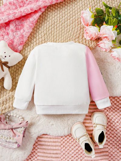Baby Girls' Letter & Bear Pattern Contrast Color Round Neck Sweatshirt