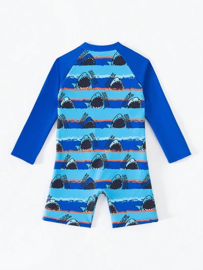 Baby Boys' Long Sleeve One-Piece Swimsuit With Random Print, Summer Beach Sun Protective Swimwear