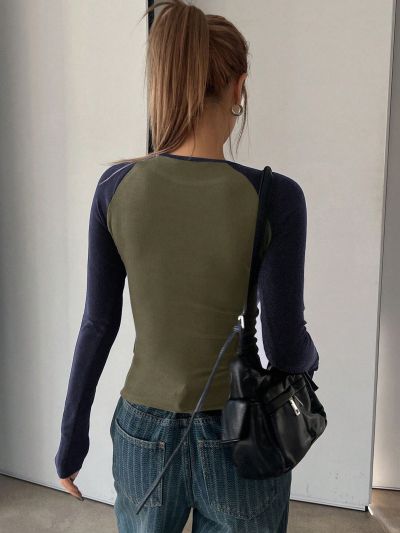 DAZY Spring/Autumn Color-Blocked Long Sleeve Slim Fit Casual T-Shirt