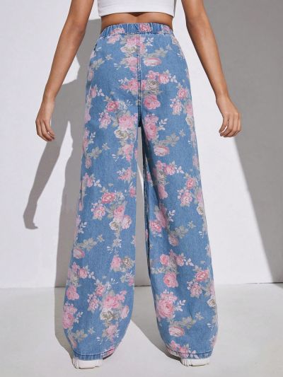 SHEIN Teenage Girls' Floral Print Elastic Waist Wide Leg Jeans