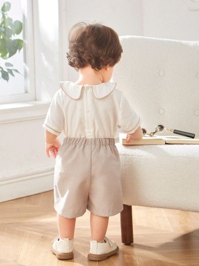 SHEIN Baby Boy's Doll Collar Car Pattern Sweatshirt And Casual Shorts 2pcs/Set