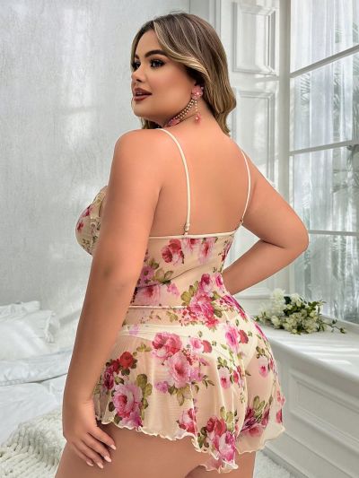 1pc Plus Size Floral Mesh Lettuce Trim Lingerie Cami Romper