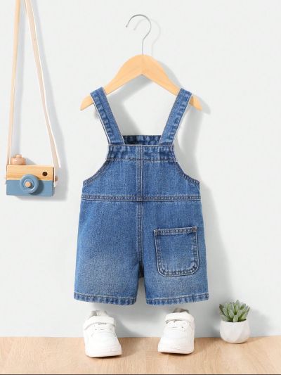 SHEIN Baby Boy's Fashionable Denim Jumpsuit With Washed Design