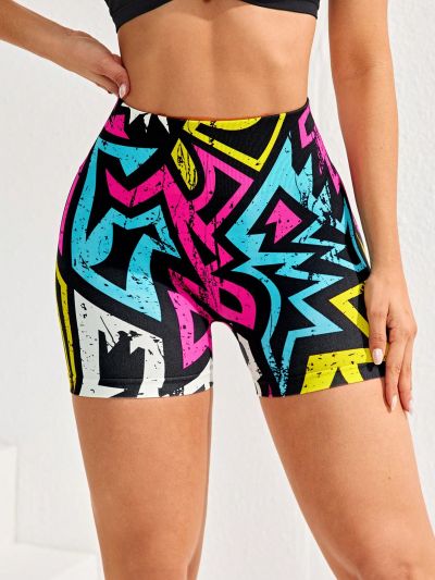 SHEIN Yoga High Street Colorful Printed Tight Sports Shorts