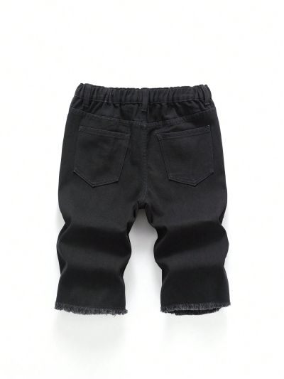 Boys' Black Distressed Ripped Denim Shorts With Red Patchwork