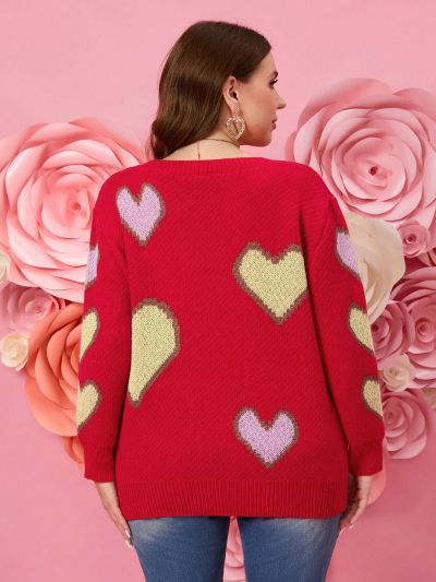 SHEIN LUNE Plus Size Heart Patterned Sweater Pullover