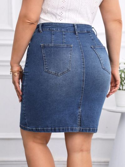 SHEIN Privé Plus Size Women's Hip Hugging Denim Mini Skirt