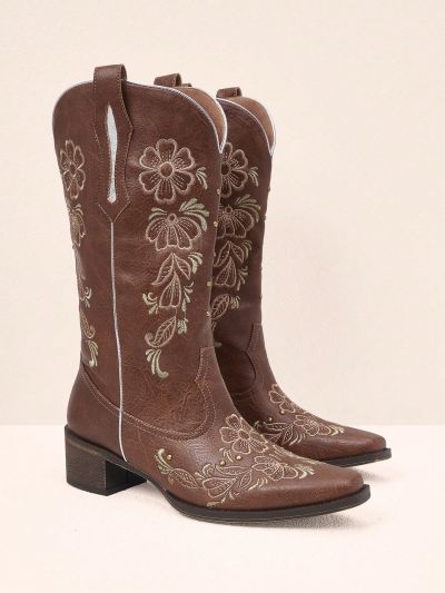 Styleloop Women'S Western Cowboy Boots With Spring Embroidered Flowers
