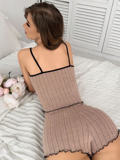 Bowknot Decor Ribbed Knit Cami Top And Shorts Home Wear Set