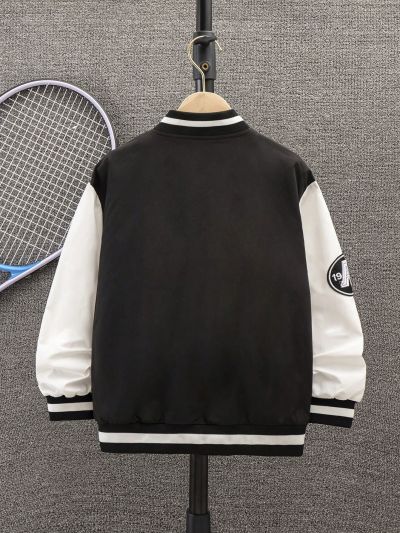 SHEIN Boys' Spring Color Block Letter Print Casual Jacket