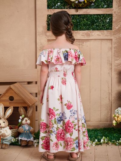 SHEIN Kids SUNSHNE Toddler Girls Floral Print Off Shoulder Ruffle Trim Overlay Romper