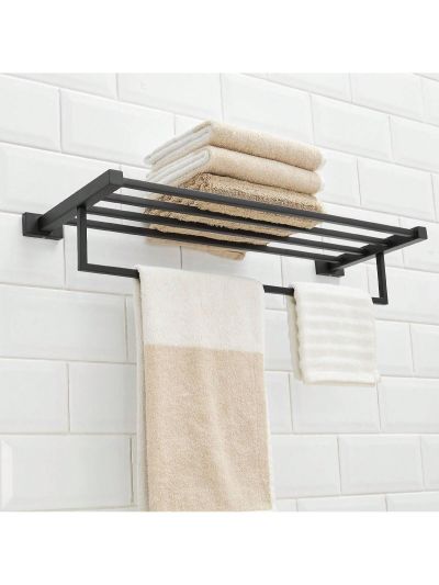 BESy 1pc 22.2-Inch SUS 304 Stainless Steel Towel Racks Holder for Bathroom, Bathroom Shelf with Towel Bar, Multifunction Single Towel Bar Hotel Style, Bathroom Accessories Screw Wall Mount, Matte Black Finish