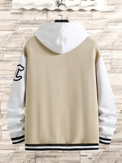 Extended Sizes Men Plus Letter Graphic Striped Trim Colorblock Varsity Jacket Without Hoodie