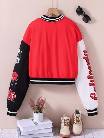 Women's Teen Letter Print Striped Baseball Jacket