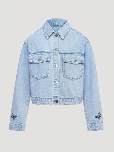 Teen Girl Floral & Slogan Graphic Flap Pocket Denim Jacket