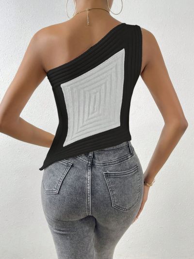 SHEIN BAE Color-Blocked Rib Knitted One Shoulder Top