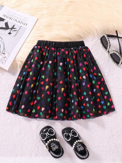 SHEIN Kids Y2Kool Little Girls' Heart Pattern Fluffy Skirt