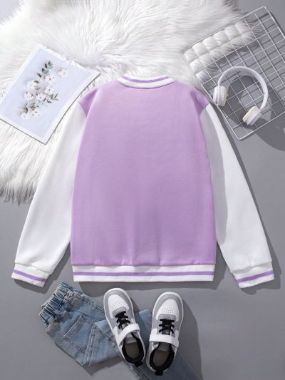 Teen Girls' Casual Street-Style Simple College Alphabet Color-Block Jacket