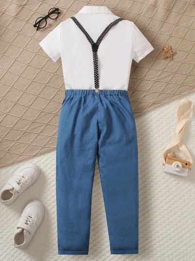 Boys' Summer Gentleman Formal Wear 2pcs/Set, Short-Sleeve Button-Down Shirt With Suspenders And Elastic Waist Long Pants