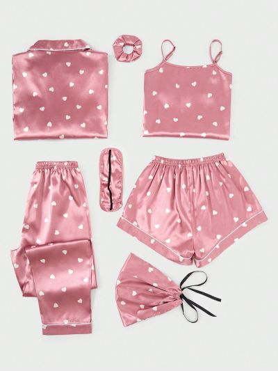 7pcs/Set Imitation Silk Heart Pattern Printed Homewear Pajama Set