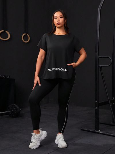 SHEIN Yoga Basic Plus Size Women's Contrast Color Woven Belt Short Sleeve Outfit/Set