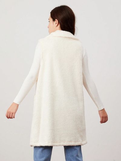 Teen Girl Lapel Neck Dual Pocket Fuzzy Vest Coat