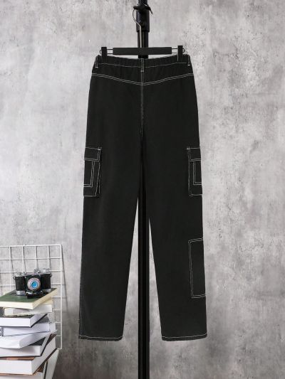SHEIN Teen Boy Multi-Pocket Color-Contrast Stitching Casual & Stylish Cargo Jeans