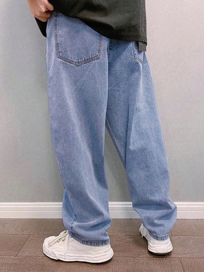 Men's Loose Fit Solid Color Denim Jeans With Slanted Pockets