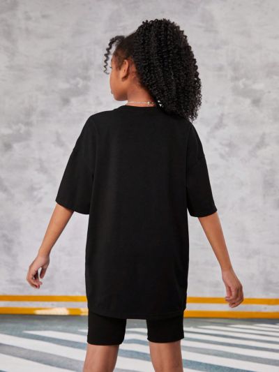 SHEIN Kids Cooltwn Tween Girls' Cool Street Knitted Bear & Letter Print Short Sleeve T-Shirt With Round Neckline